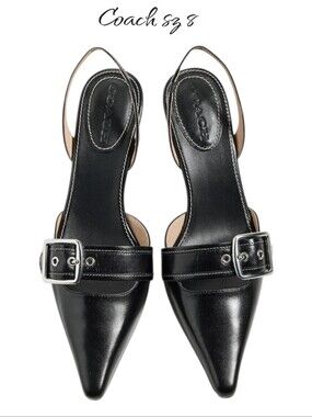 COACH Black Leather Margot Slingback Kitten Heel Buckle Pointed Toe Pump 8 NEW